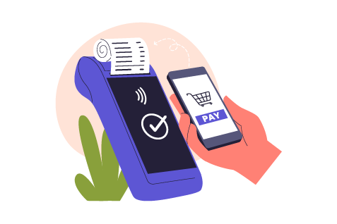 Illustration of a smartphone being used for a contactless mobile payment at a point-of-sale terminal.